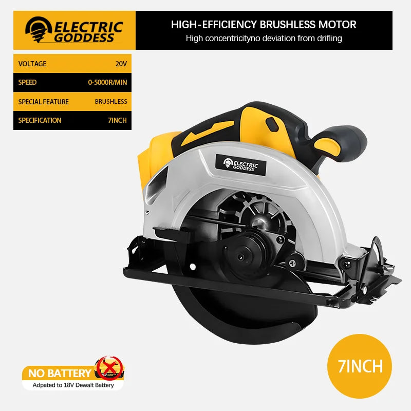 7-inch Cordless Circular Saw 5000rpm Brushless Woodworking Saw 45-degree Cutting Angle Adjustment For Dewalt 20V Battery Pin