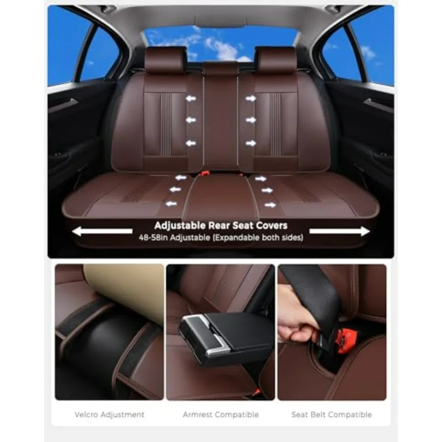 Brown Nappa Leather Car Seat Covers with Lumbar Support Ventilation Holes Velcro Adjustable Airbag Full-Coverage Universal Fit