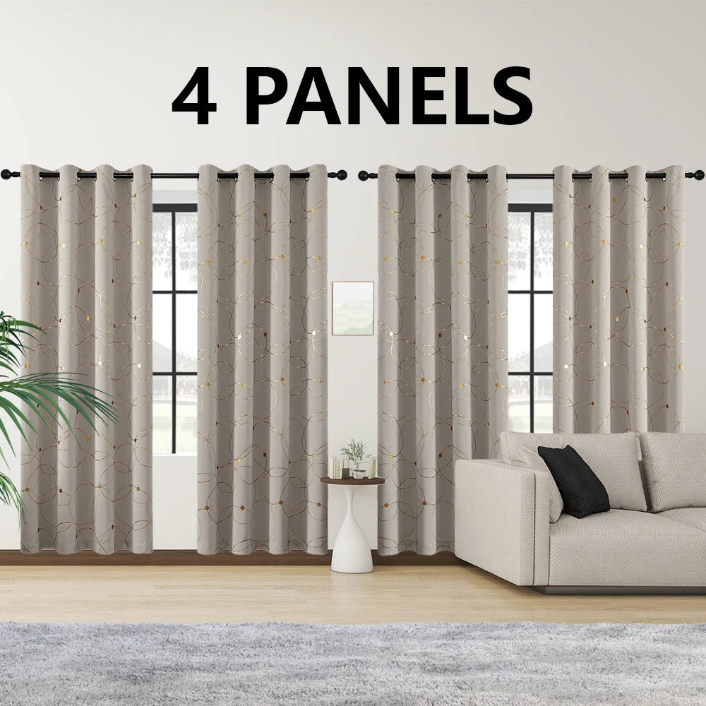 4PCS Blackout Curtains Grommet Thermal Insulated Room Darkening With Circle And Dots Foil Printed