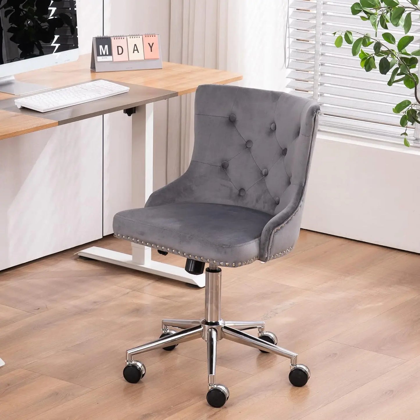 Luxurious Velvet Tufted Armless Office Chair With Wheels