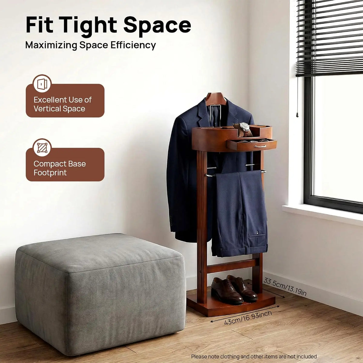 Wood Suit Rack, Freestanding Clothing Valet Stand Clothes Valet Suit Racks Mens Compact Wooden Clothing Valets Stand Rack Organi