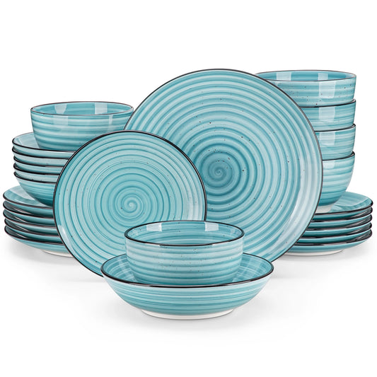 vancasso 24/48 Piece Blue Plates Dinner Sets Two-Sided Dinnerware Sets Handpainted Spiral With 6 Dinner Plate/Dessert/Soup/Bowl