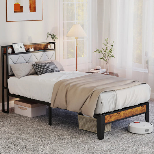 MCQ Twin Size Metal Bed Frame with Storage Headboard No Box Spring Needed Easy Assembly Durable Squeak-Free Frame With USB Charging Station For Home Bedroom