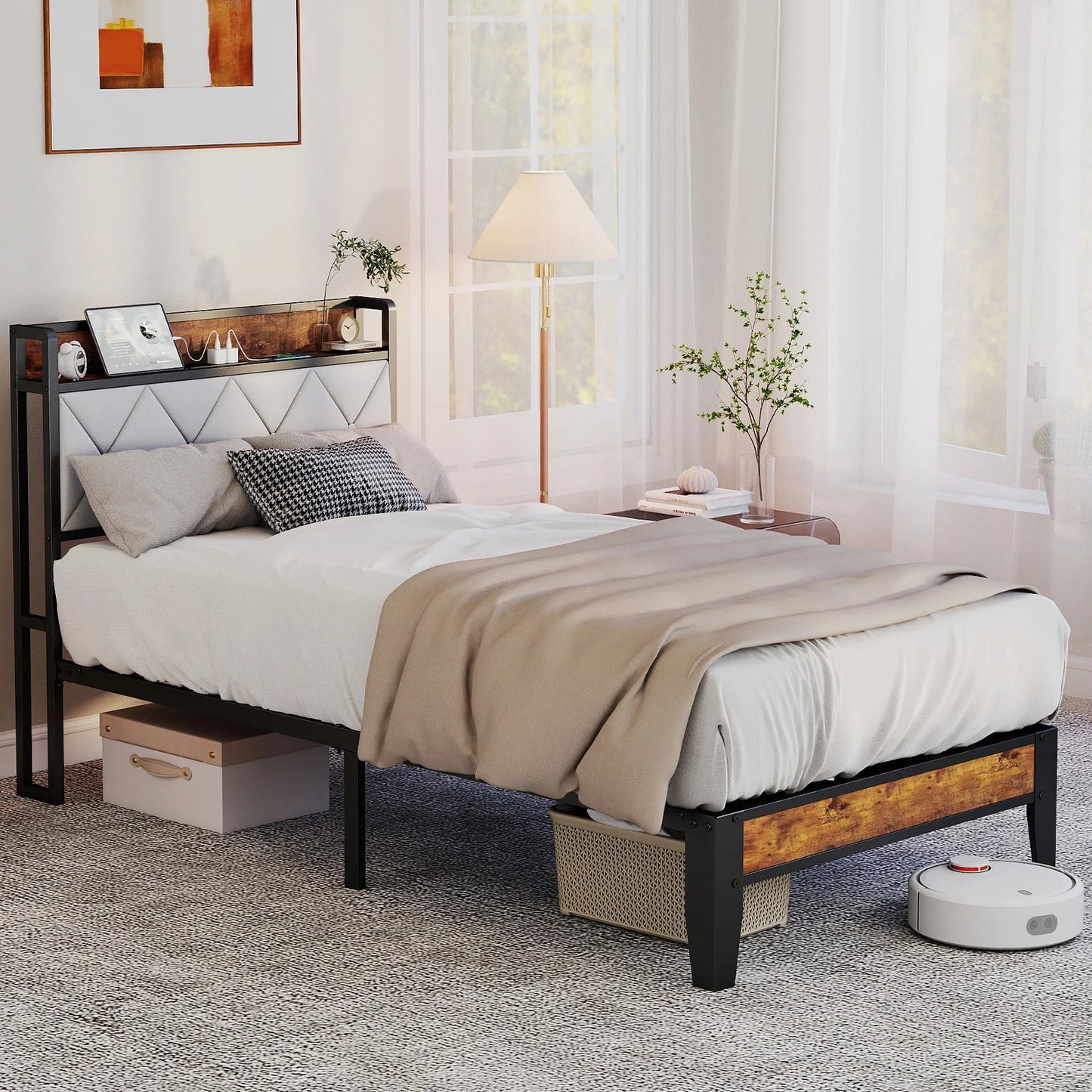 MCQ Twin Size Metal Bed Frame with Storage Headboard No Box Spring Needed Easy Assembly Durable Squeak-Free Frame With USB Charging Station For Home Bedroom