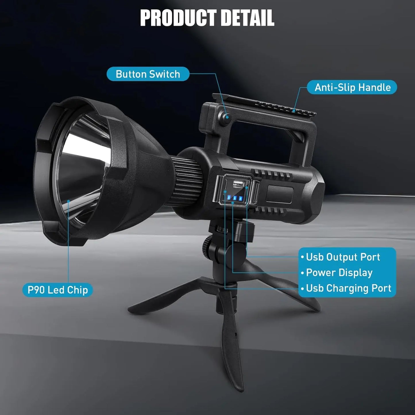 Portable Powerful LED Flashlight Mountable Bracket Handheld Searchlight USB Rechargeable Spotlight Waterproof Torch Light