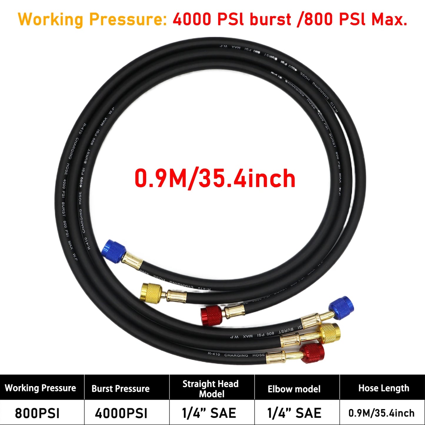 3PCS R410 Refrigerant AC Charging Hose 800-4000 PSI Working Pressure Fit HVAC Air Condition R134a R32 Refrigerant Manifold Gauge