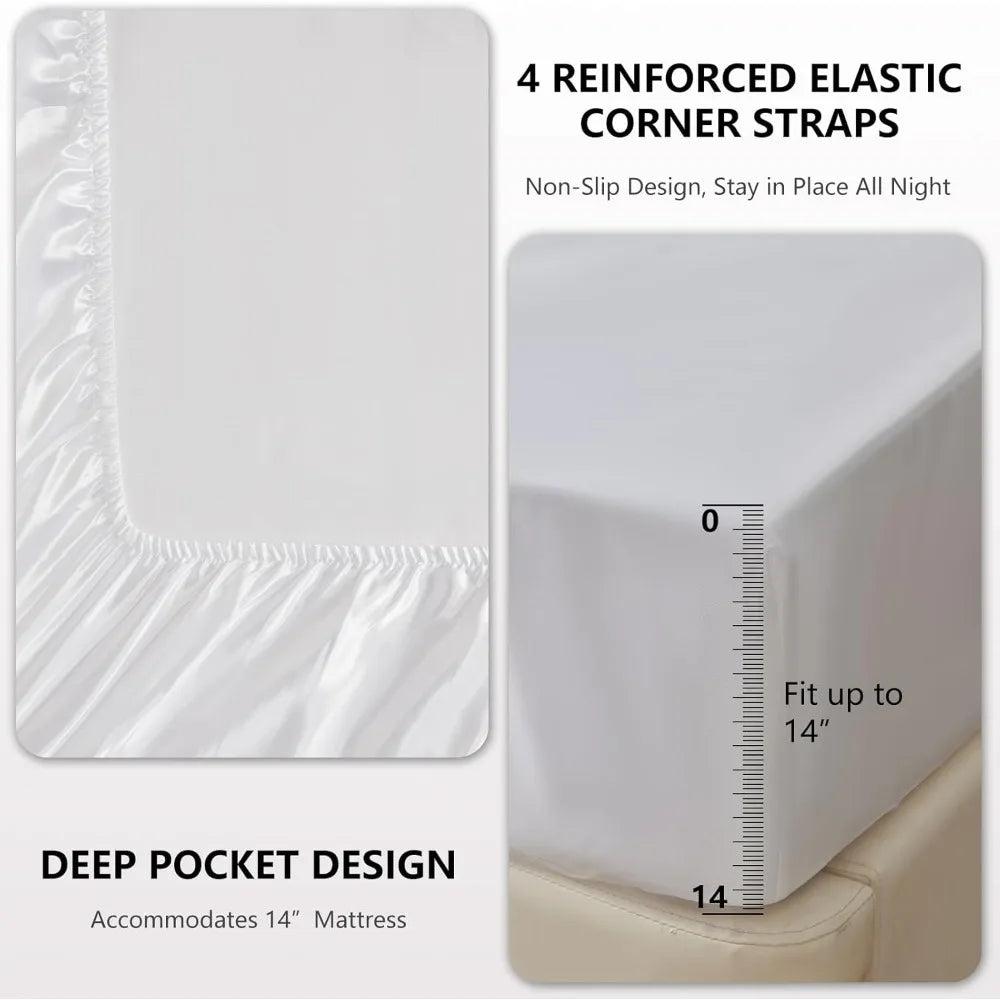 Satin Sheets Queen Size 4 Piece Bed Sheet Set with Silky Deep Pocket Fitted Sheet Flat Sheet and 2 Pillowcases