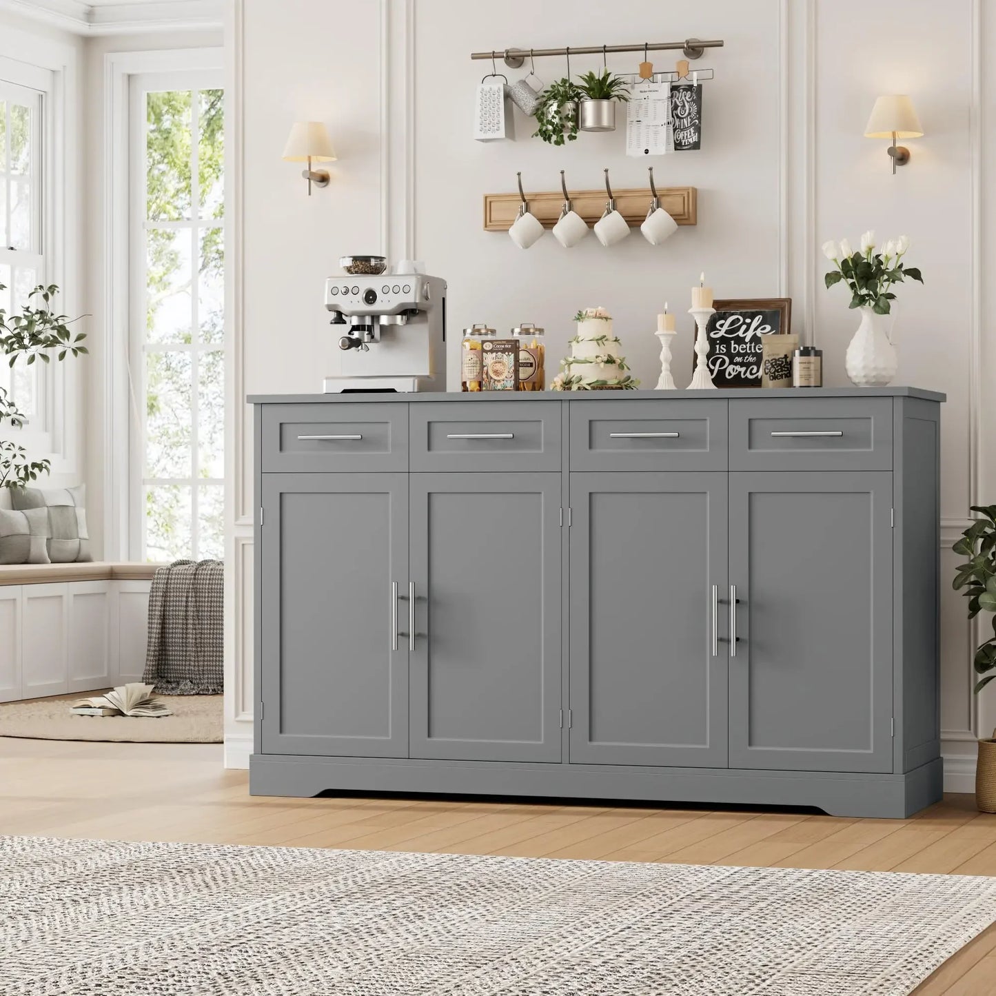 HOSTACK 60" Large Buffet Sideboard with Storage, 36" Tall Kitchen Buffet Storage Cabinet with 4 Drawers, Modern Coffee Bar