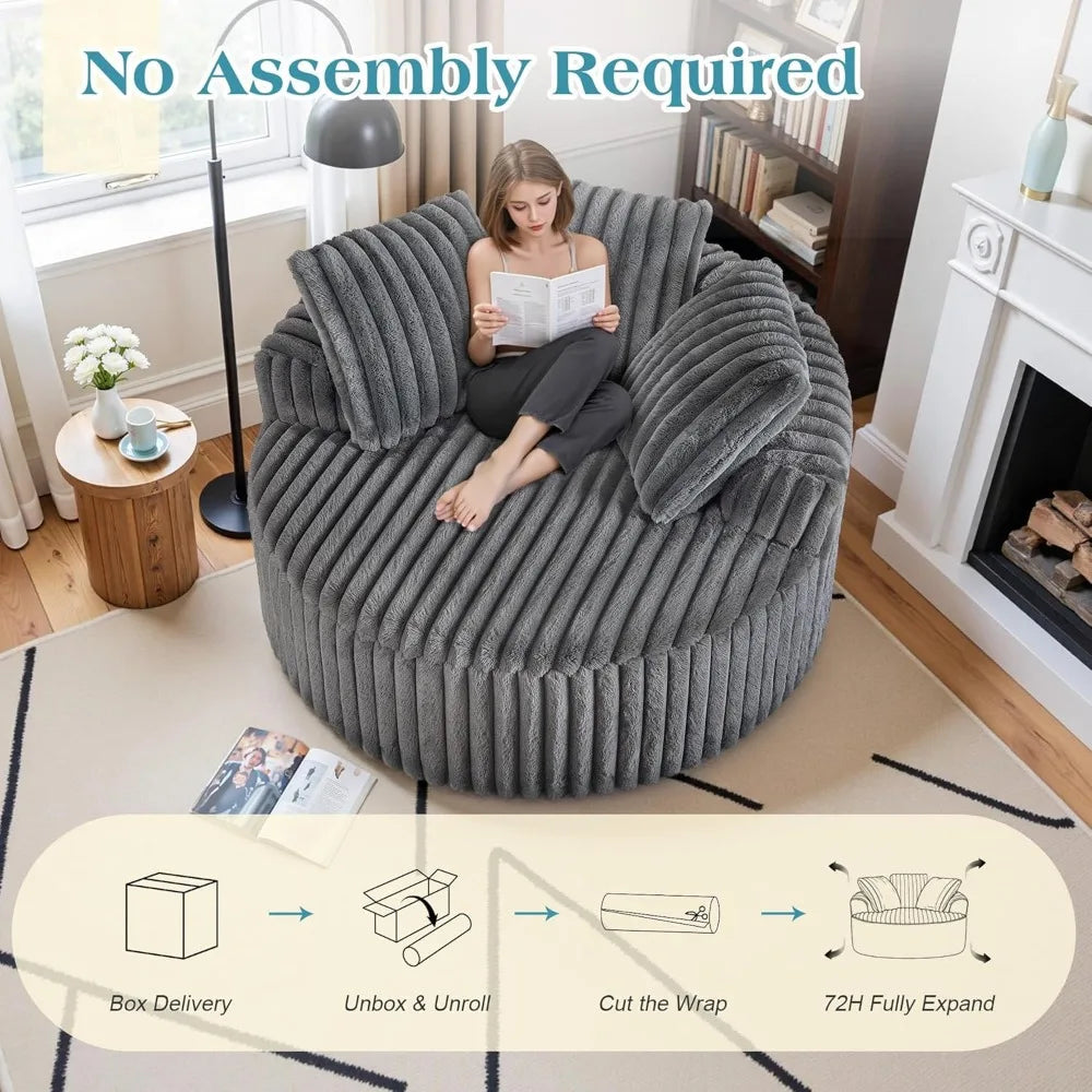 54 Oversized Round Chair Lounge Chaise Indoor, Cloud Couch Upholstered Corduroy Deep Seat Sofa Bed with Pillow/Anti-Slip