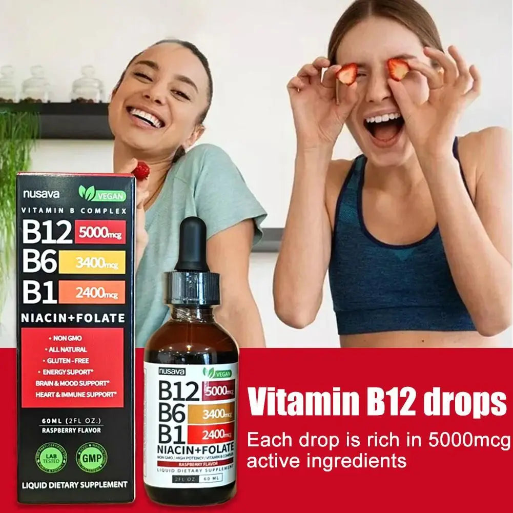 Vitamin B1 B6 B12 Multiple Vitamin B Complex Liquid Drops Raspberry Flavor Vegan Non-GMO Supplement 60ml Per Bottle Daily Supply