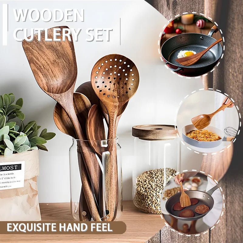 Natural Wood Kitchen Tool Set, 5 Pieces - Includes Spoon, Spatula & Slotted Spoon for Festive Family Meals & Baking