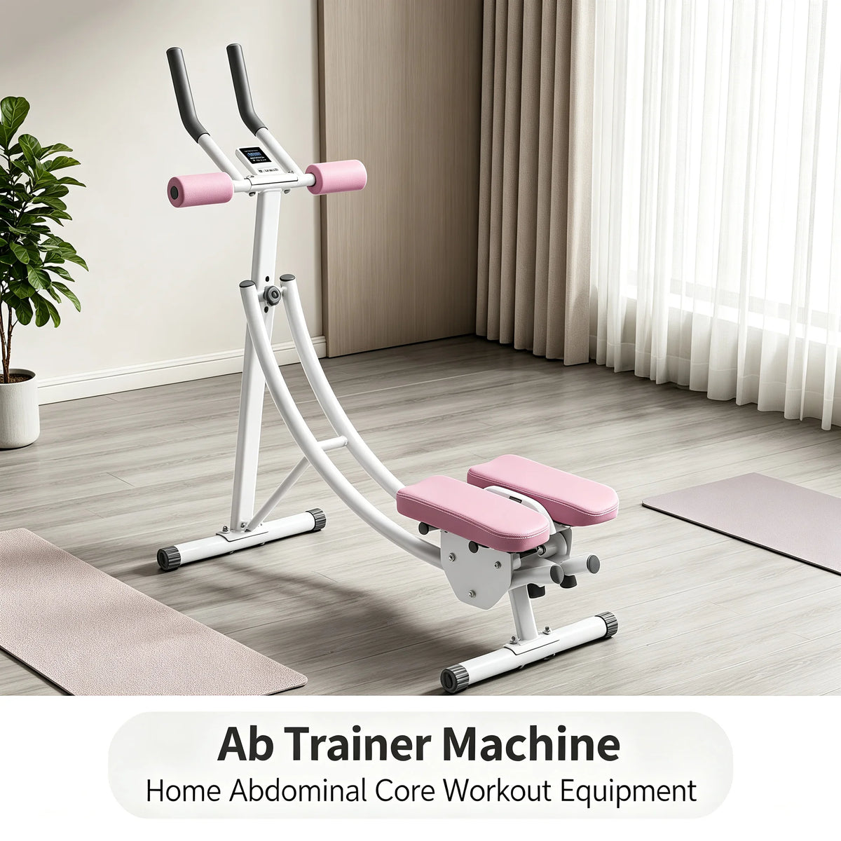 Ab Trainer Machine with LED Display, 3-Level Adjustable Abdominal Workout Equipment with Dual Arc Track, Foldable Core Trainer for Home Gym, Pink