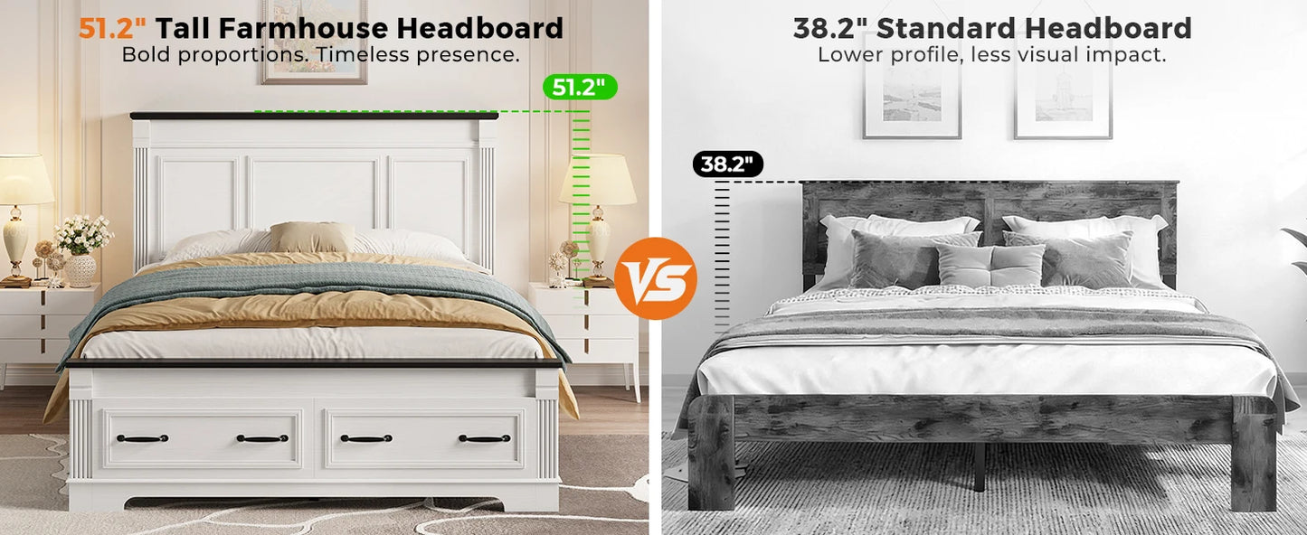 Farmhouse Queen Bed Frame 51" Headboard 2 Storage Drawers Roman Footboard | koorlian Platform Bed Large Wooden