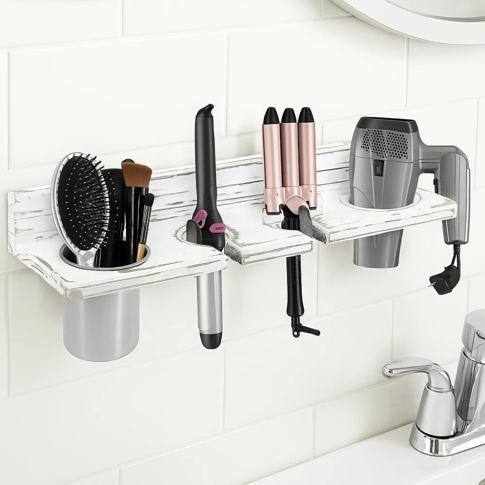Vintage Wooden Hair Dryer Holder Wall-Mounted Space Saving Hair Straightener Holder Stylish Toilet Blower Holder Curling Irons