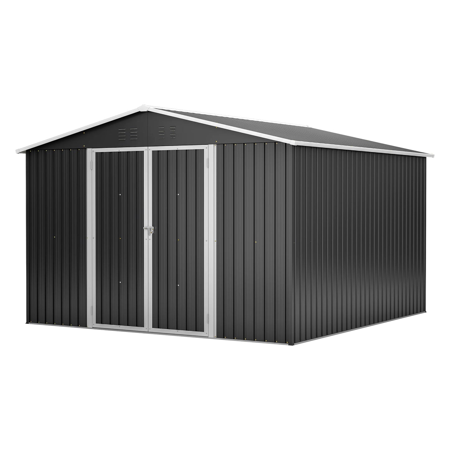 LZBEITEM Outdoor Storage Shed 10x10 FT Utility Metal Tool Storage with Lockable Doors Updated Frame Structure Black