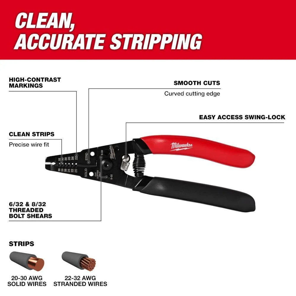 Milwaukee 48-22-3080 AWG Low Voltage Dipped Grip Wire Stripper Cutter Durable Precise Quick Cutting Hand Tools