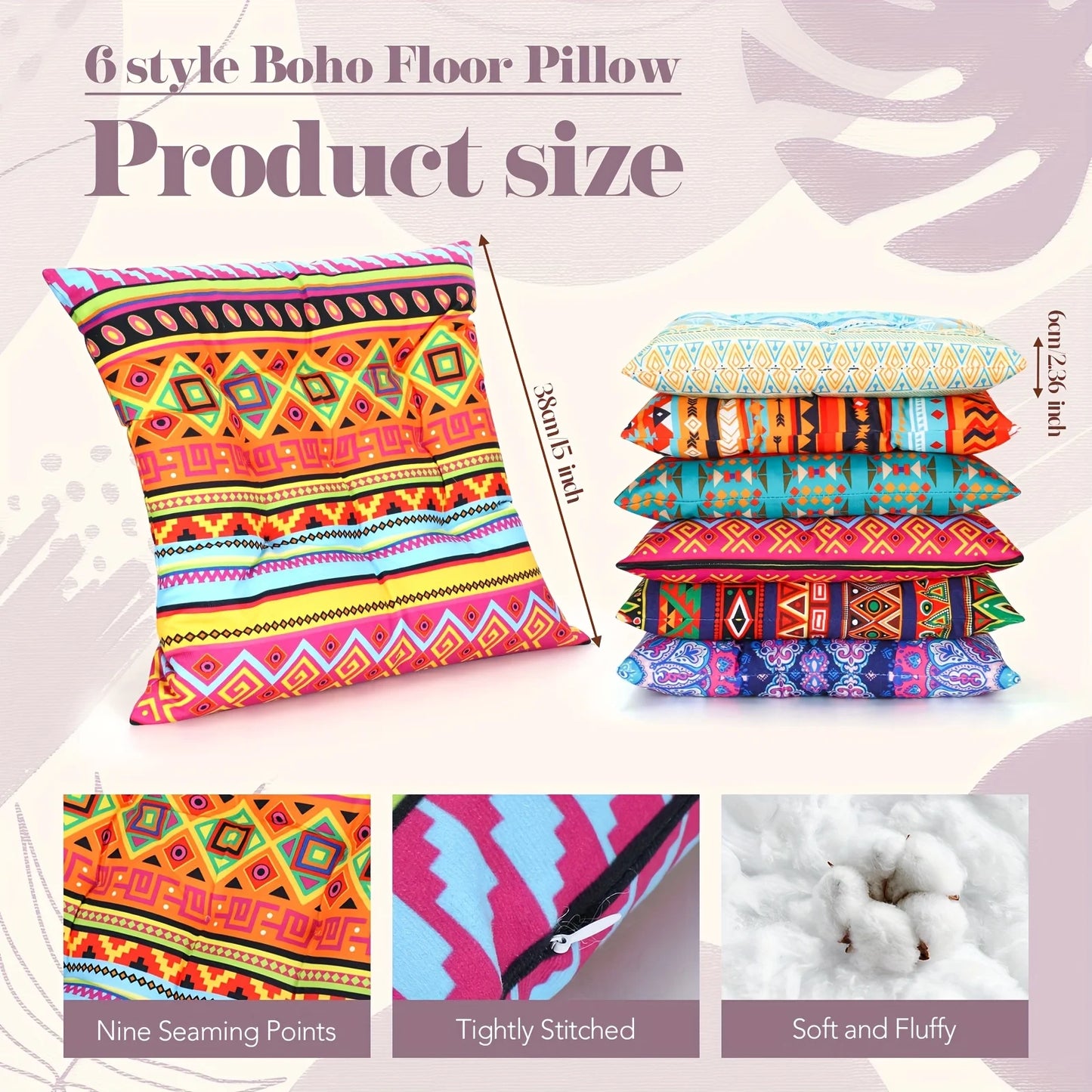 6pcs Bohemian Floor Pillows Seating 15 Inch Boho Floor Cushions Sitting Pillows for The Floor Square Yoga Mandala Meditation Pou