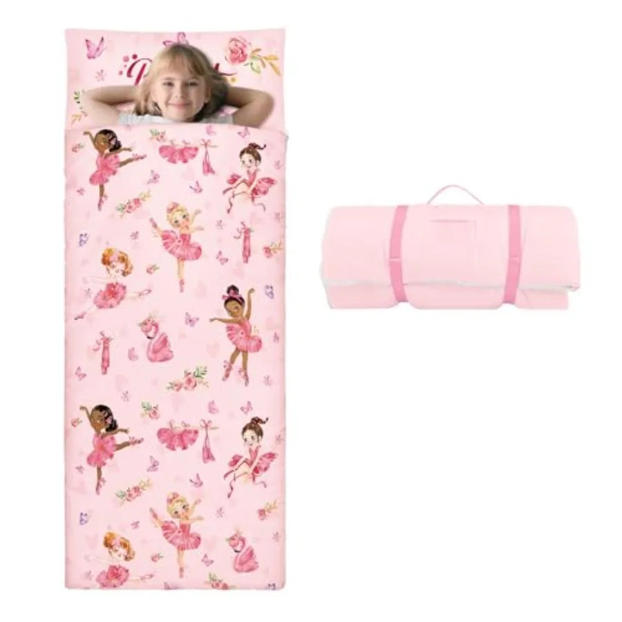 Sleeping Bag Toddler Nap Mat with Removable Pillow Large Foldable Sleeping Bag for Girls Boys Easy Clean Slumber Bag with Doubl
