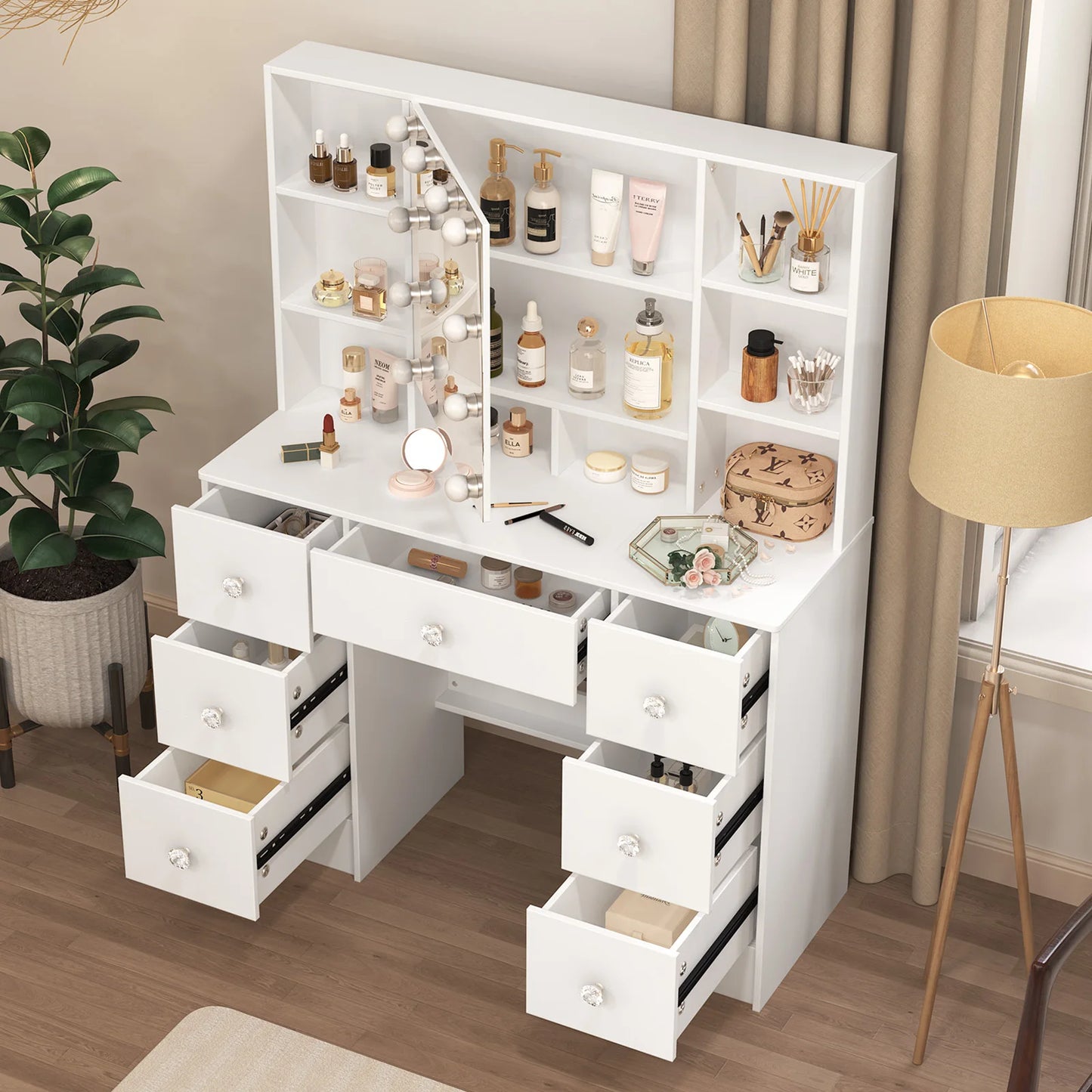 Large LED Vanity Dressing Table Set with Mirror, 7 Drawers Storage Makeup Desk, Crystal Pull Handles, Dimmable Glam Decor for Bedroom