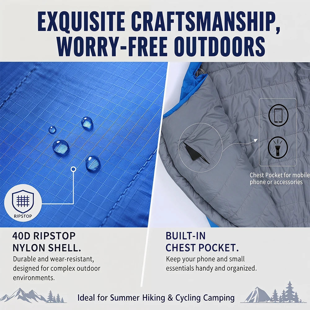 Kamperbox SY011 Sleeping Bag 40D Ripstop Nylon Shell Synthetic Fiber Fill Lightweight Portable Camping Sleeping Bag for Adults