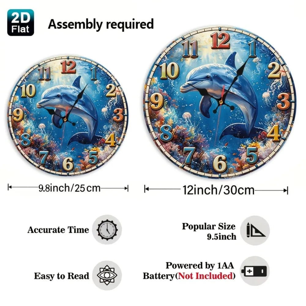 1pc Coral Reef Dolphin Nursery Wall Clock - Silent Non-Ticking Round Room Decor with Wood Frame, Coral Reef & Dolphin Suitable f
