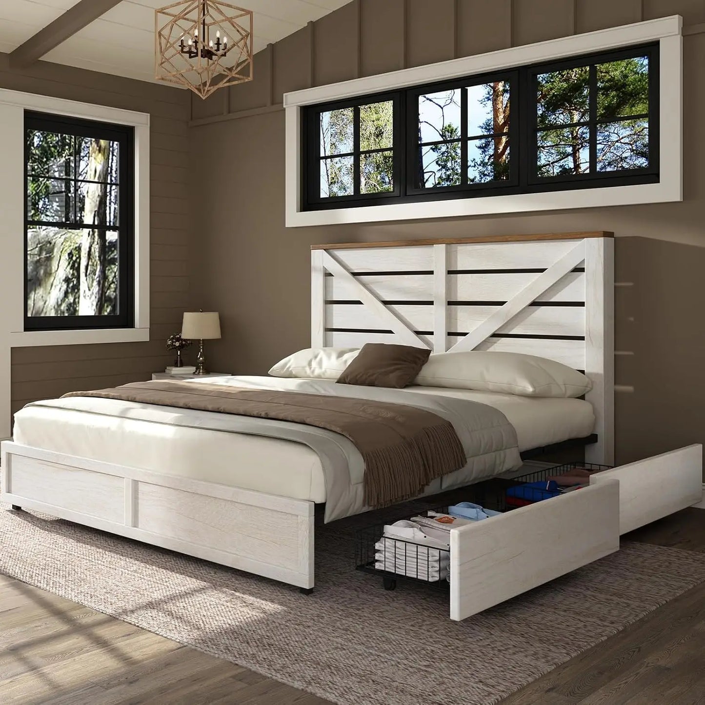Queen Size Farmhouse Bed Frame with 4 Drawers, Wooden Storage Bed Frame with Headboard and Heavy Duty Metal Slats,Custom