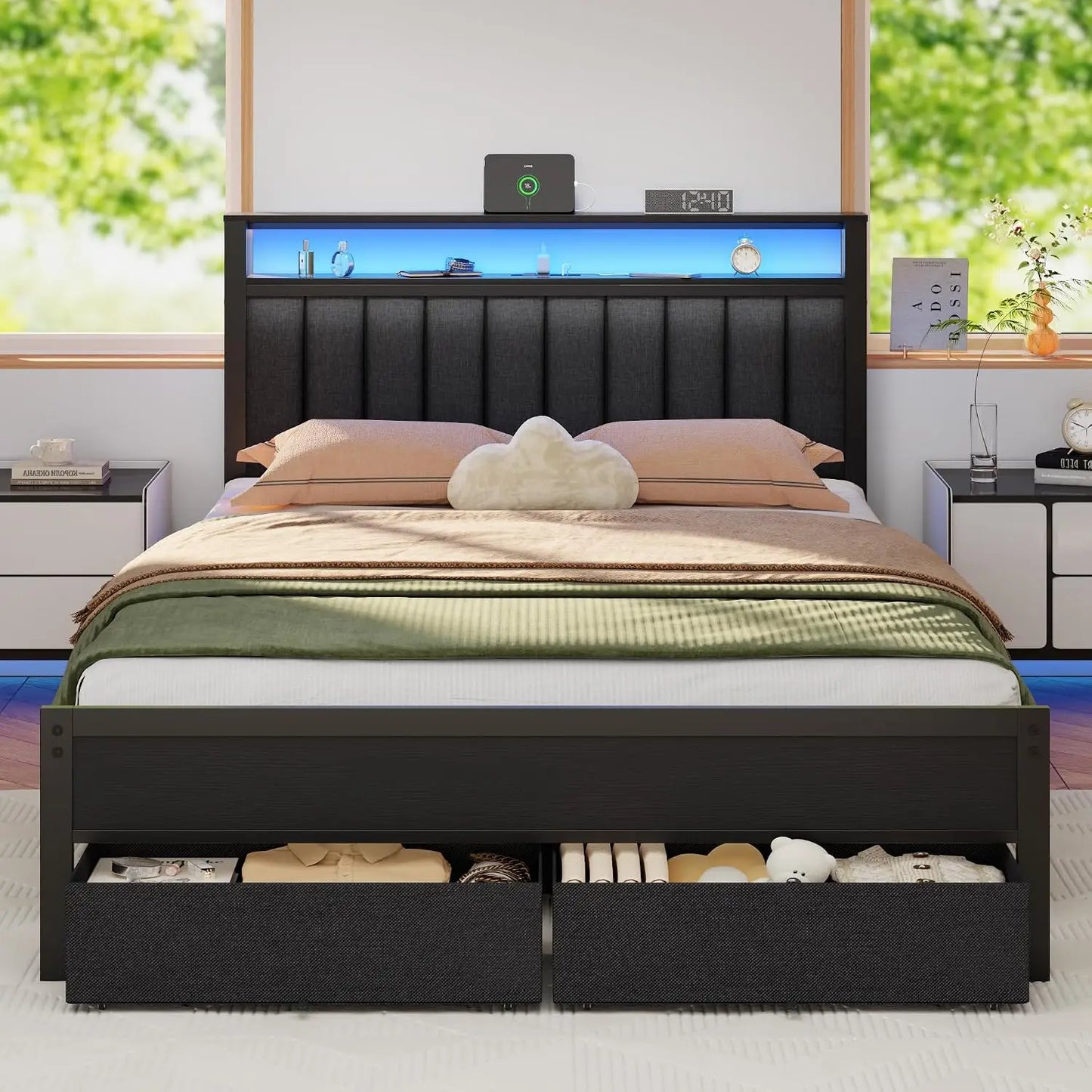 Queen Bed Frame with Charging Station and LED Lights, Grey Upholstered Headboard with Shelves, Metal Platform Bed with 2 Under-Bed Storage (Fabric Drawer on Wheels), No Box Spring Needed