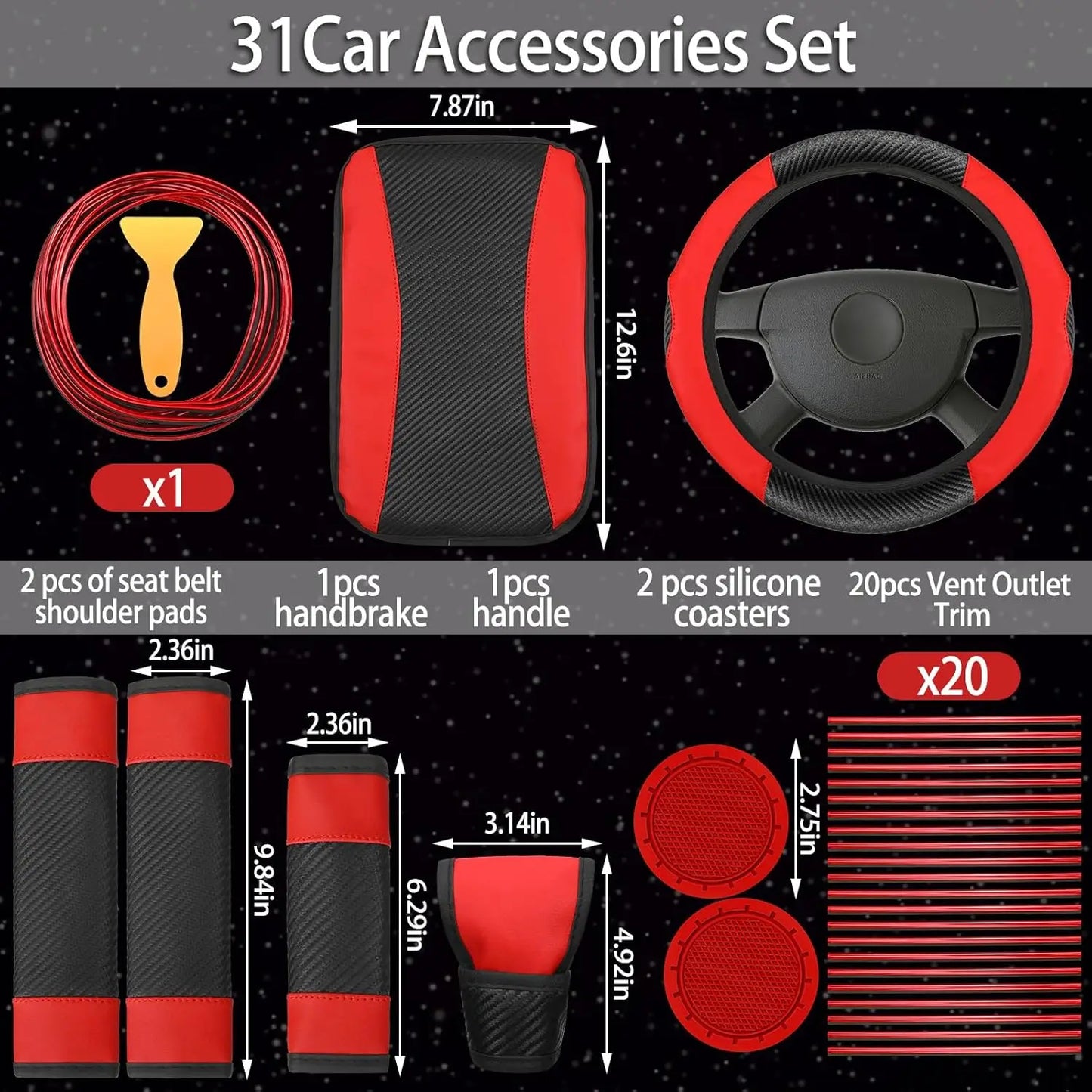 41-Piece Black Red Car Accessories Set: Seat Covers, Steering Wheel Cover, Belt Pad, Shift Sleeve & More for Auto Interior