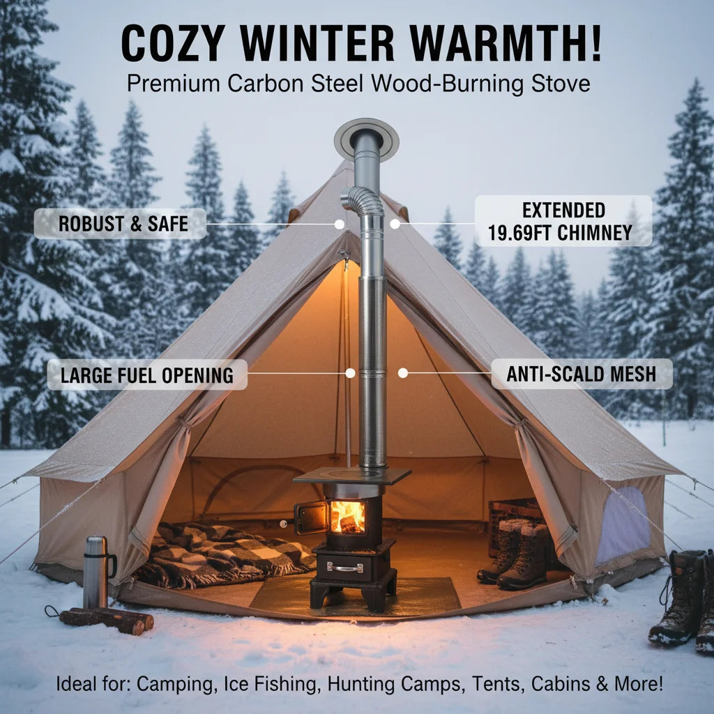 Camping Wood Stove Hot Tent Stove Coal Stove Courtyard Heating Stove Outdoor Picnic Stove Kit with 2 Meshes, 2 Chimney Elbows