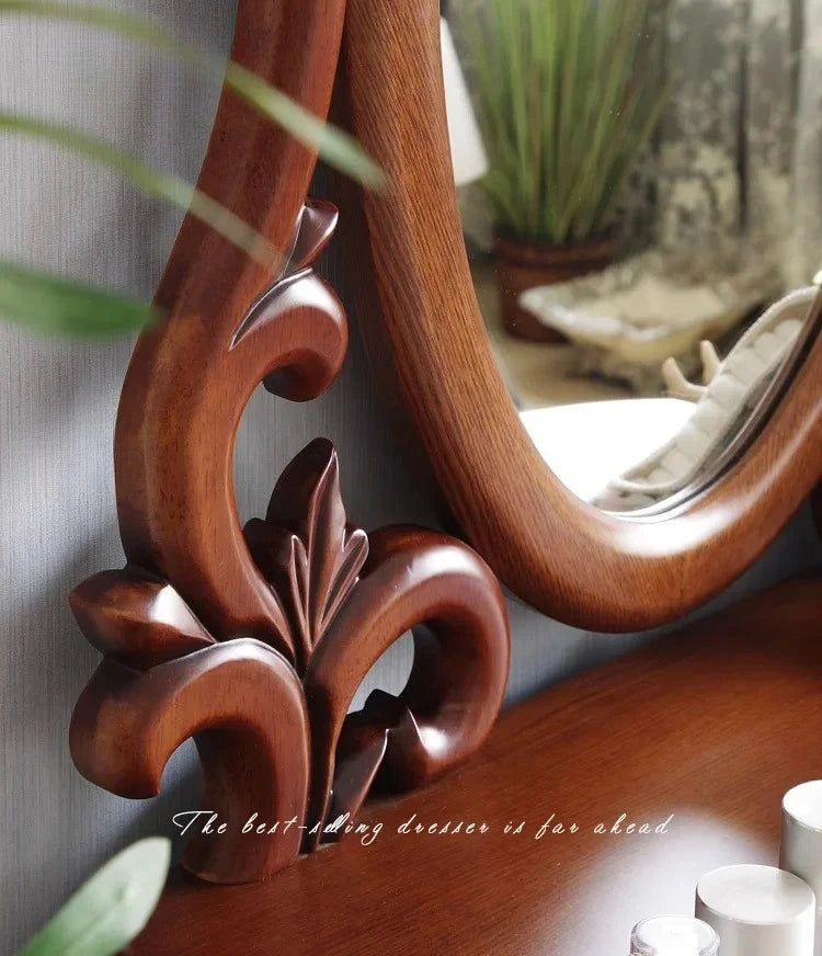 -European Solid Wood Mirror Table Bedroom Dresser Amercia Princess Furniture Dark Villa Luxury Carved Makeup Table Dressing Tabl