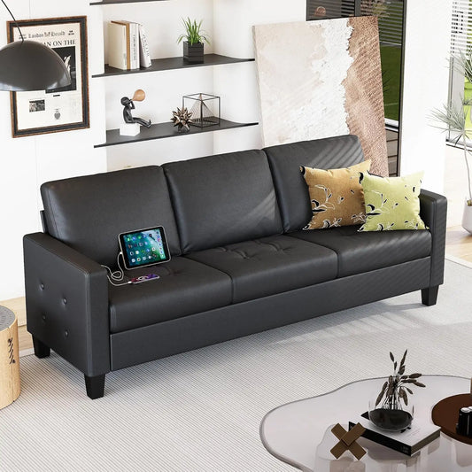 Modern Faux Leather Office Sofa With Tufted Arms USB