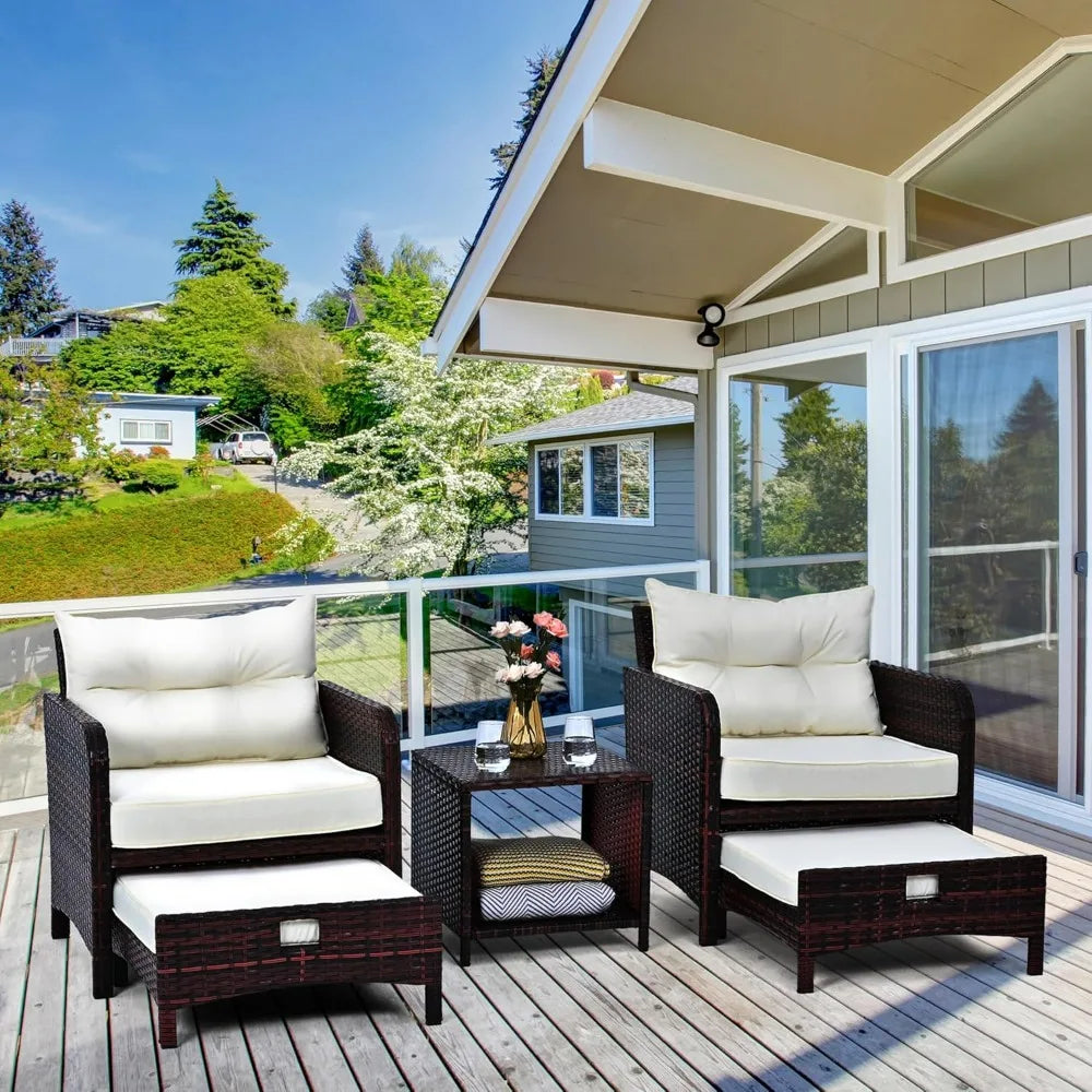 5 Pieces Patio Furniture Set, Rattan Balcony Furniture with Ottomans, PE Wicker Outdoor Patio Chairs Set with Coffee Table for