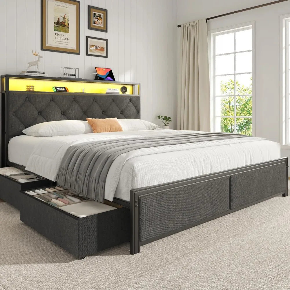 Modern Upholstered Bed Frame With Integrated Led Charging Port