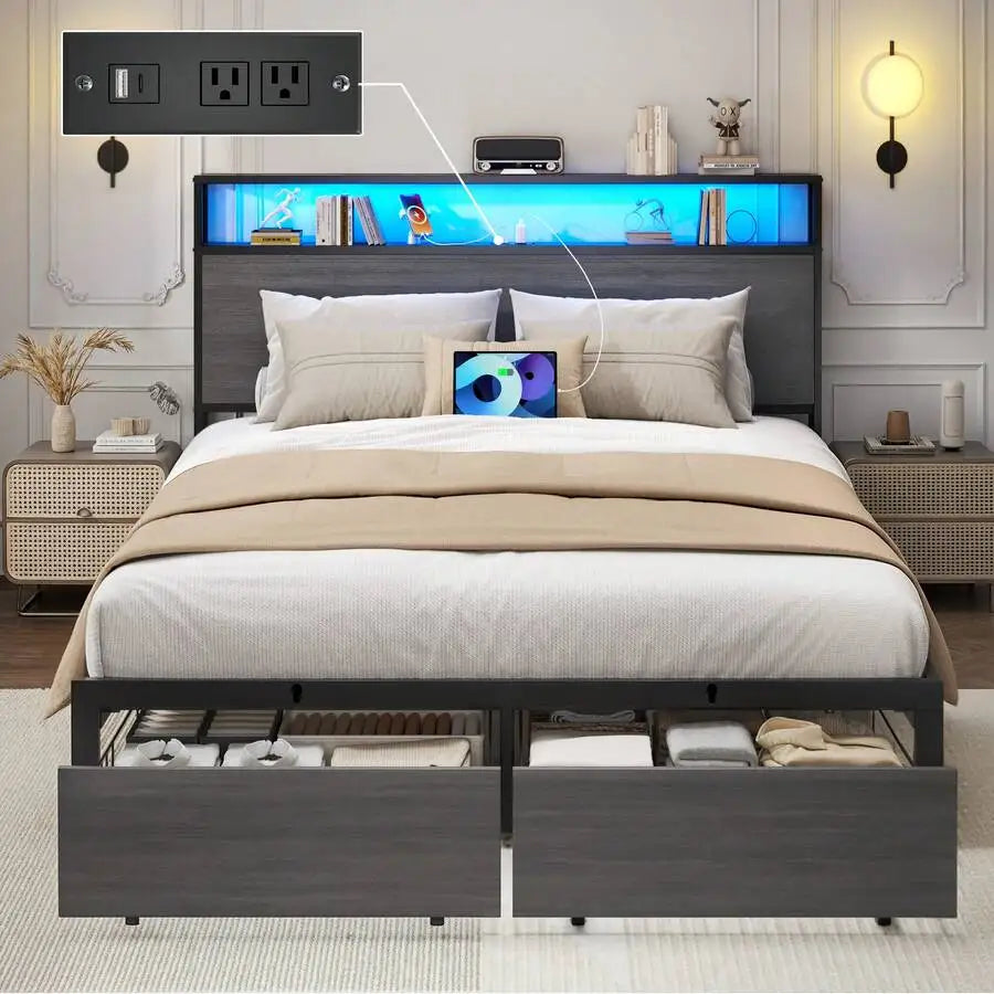 Queen & Full Bed Frame With Storage, 2-Tier Storage Headboard & Built-In Drawers, Metal Platform Bed With USB Charging Station & LED Lights, Noise Free, No Box Spring Needed, Easy Assembly,Rustic Grey