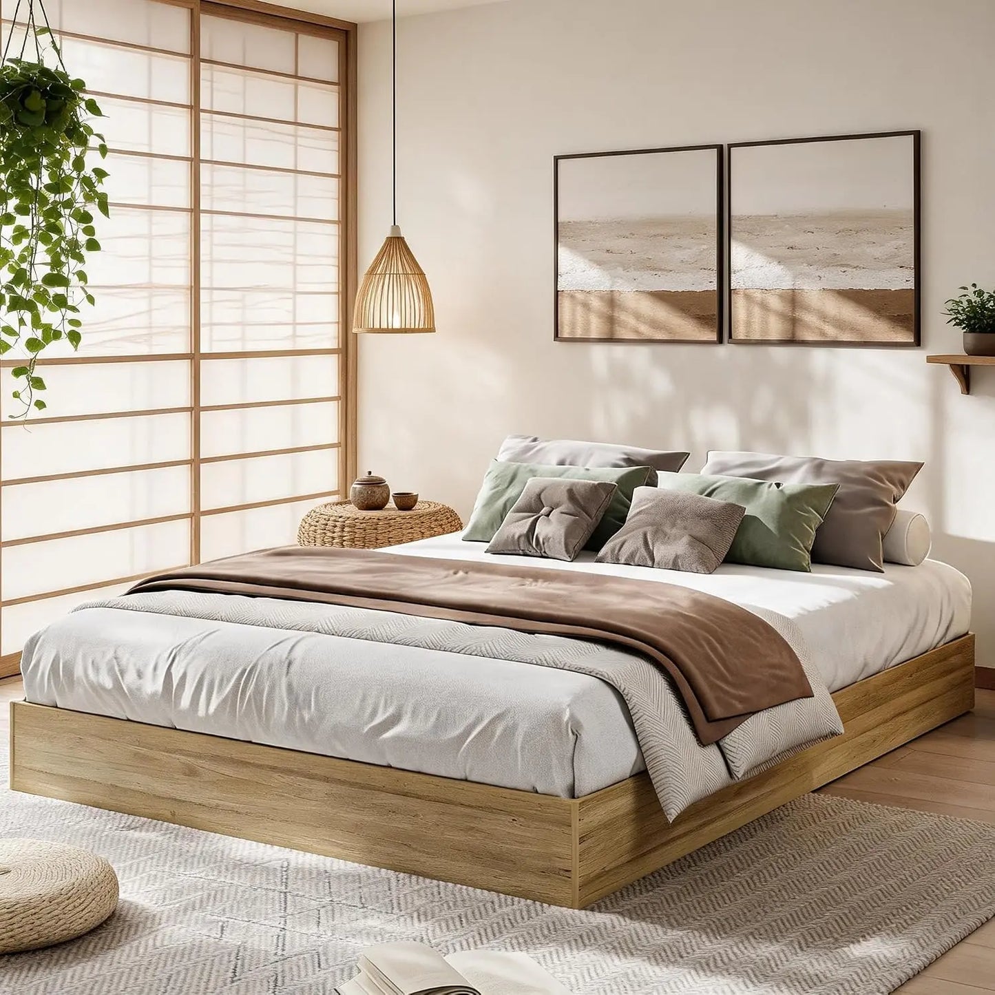 Garvee Living Room Bed Frame Easy Sturdy Assembly Bedroom Frames with Low Profile Design Eco-Friendly Bed Wood Slats Support Home Furniture Without Headboard