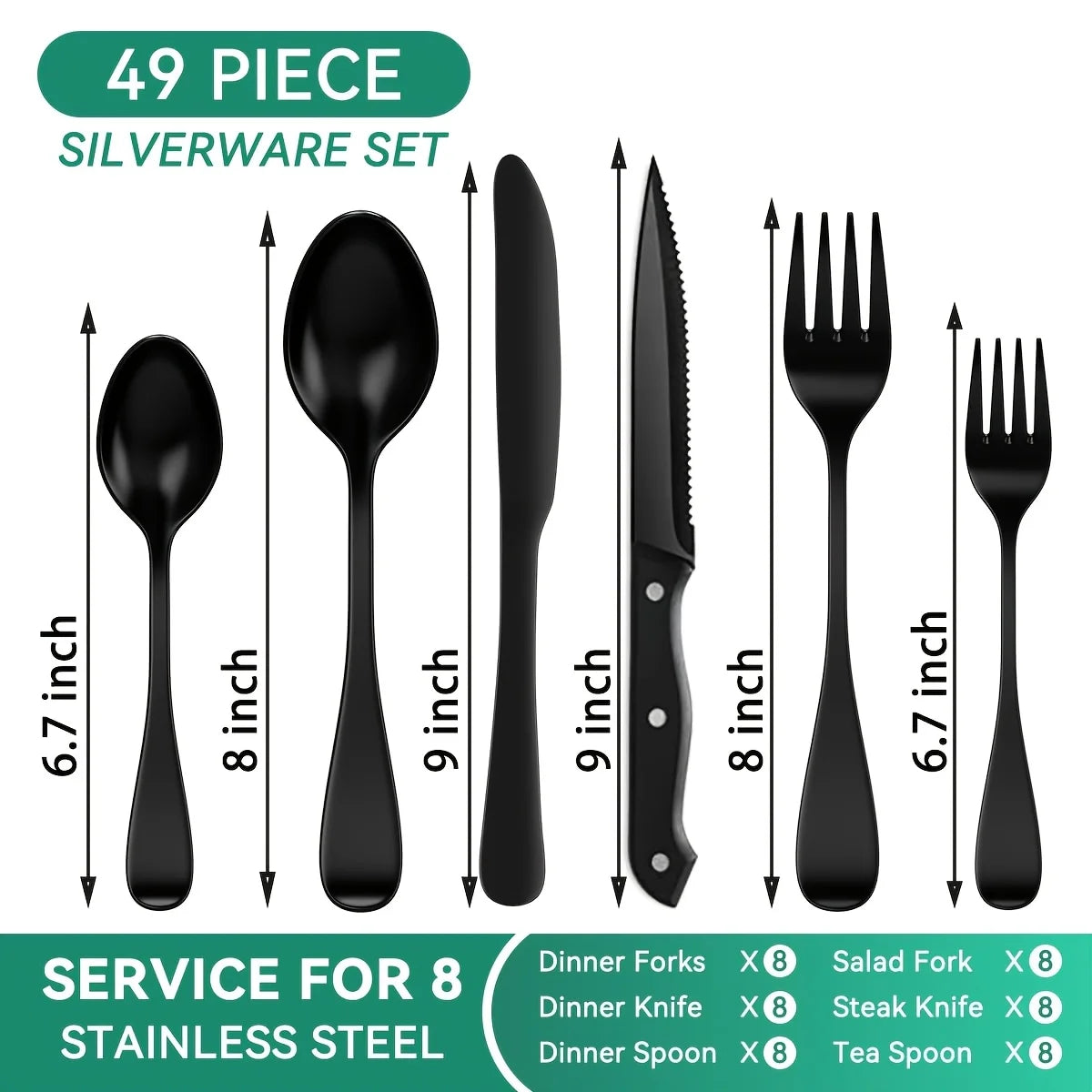 49pcs Black Silverware Set with Organizer, Stainless Steel Flatware for 8, Forks And Spoons Silverware Set Cutlery Set with Steak Knives, Rust-proof, Mirror Polished,, Dishwasher Safe