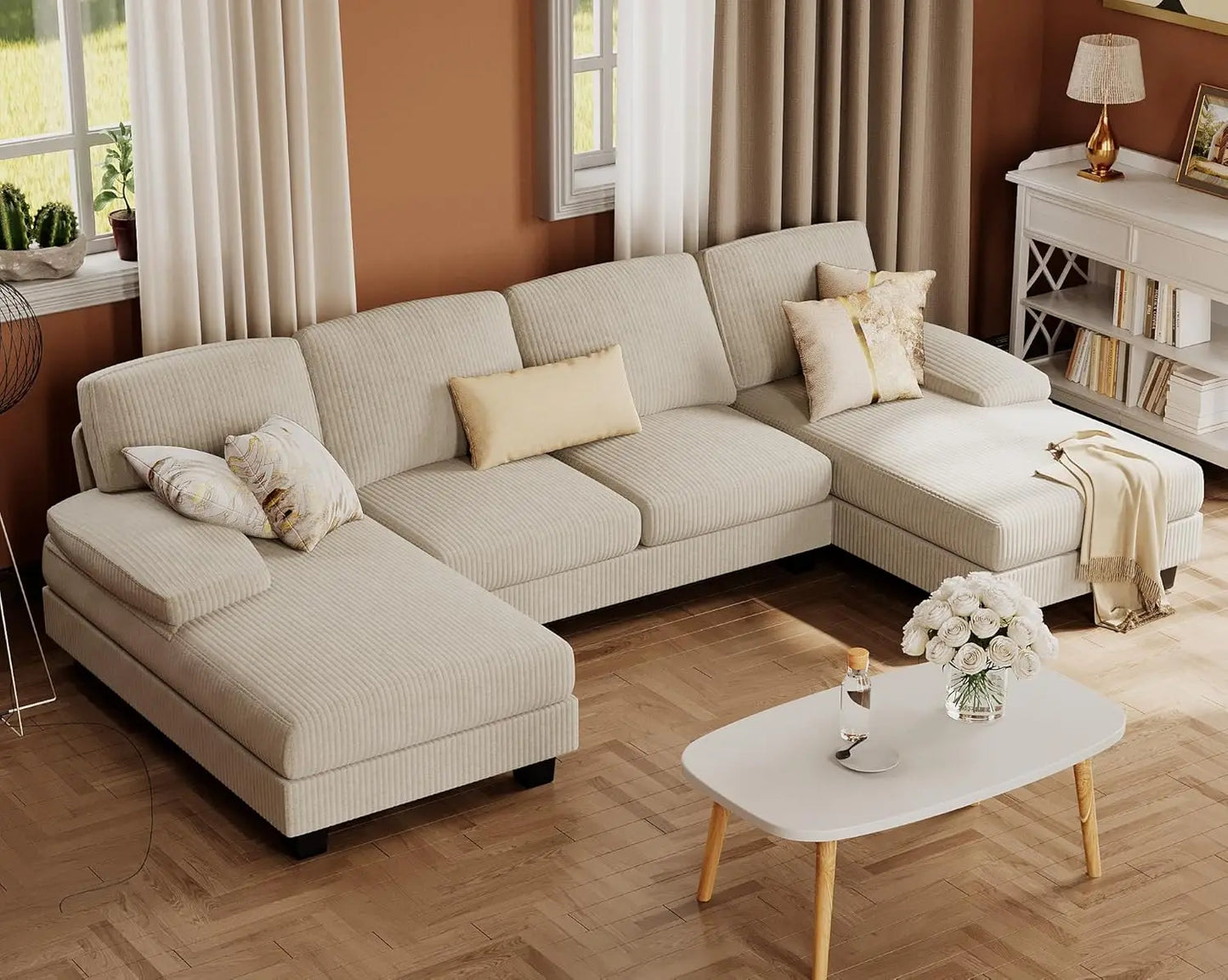 Sectional Couches for Living Room, U-Shaped Sofa Couch with Linen Fabric, 4 Seat Sofa Set with Double Chaise for, Custom