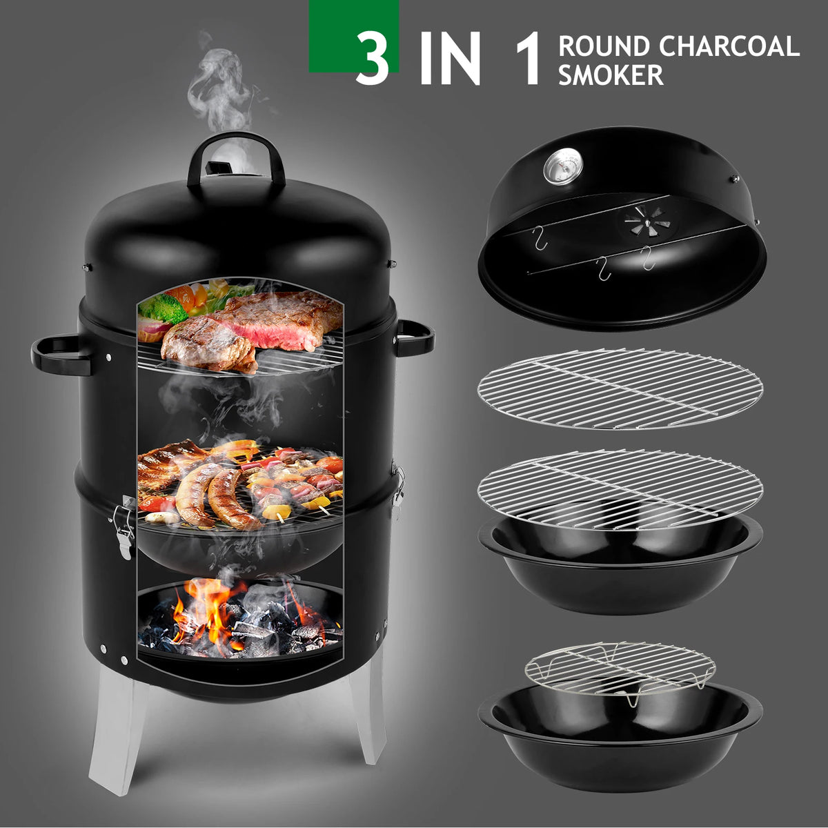 Vertical Steel Charcoal Smoker Heavy Duty Double Layer Round BBQ Grill for Outdoor Cooking Black with Thermometer Chrome Grates