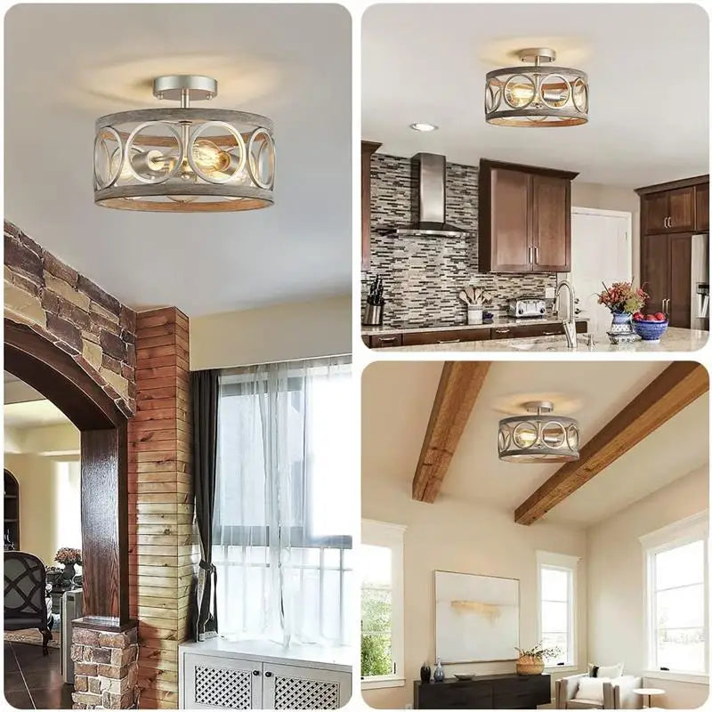 American Industrial Circular Chandelier Farmhouse Retro Iron Art Wood Grain For Restaurant Home Bedroom Ceiling Light Home Decor