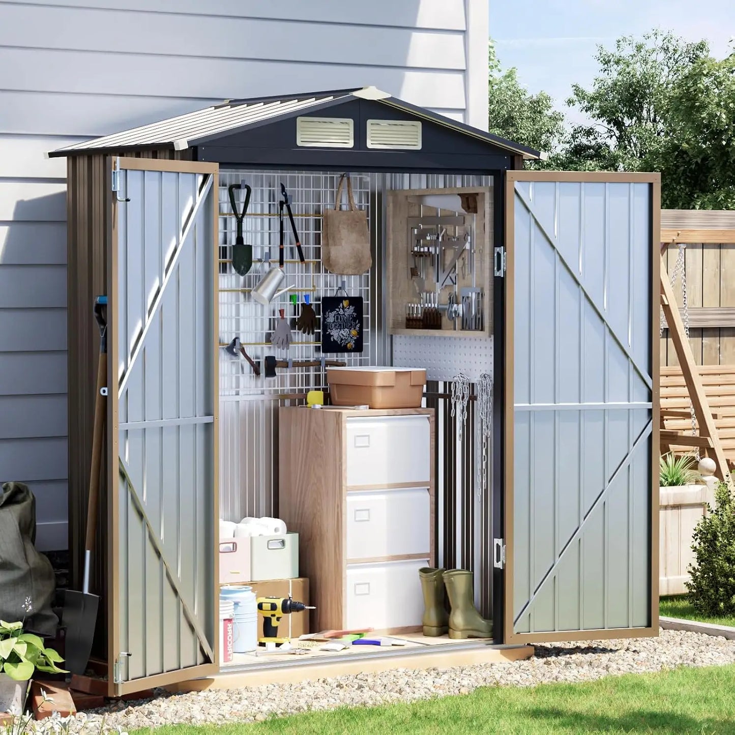 5x3 FT Outdoor Metal Storage Shed, Double Door, 1 Clear Window, Tool Shed for Garden, Patio, Backyard Brown, Customized