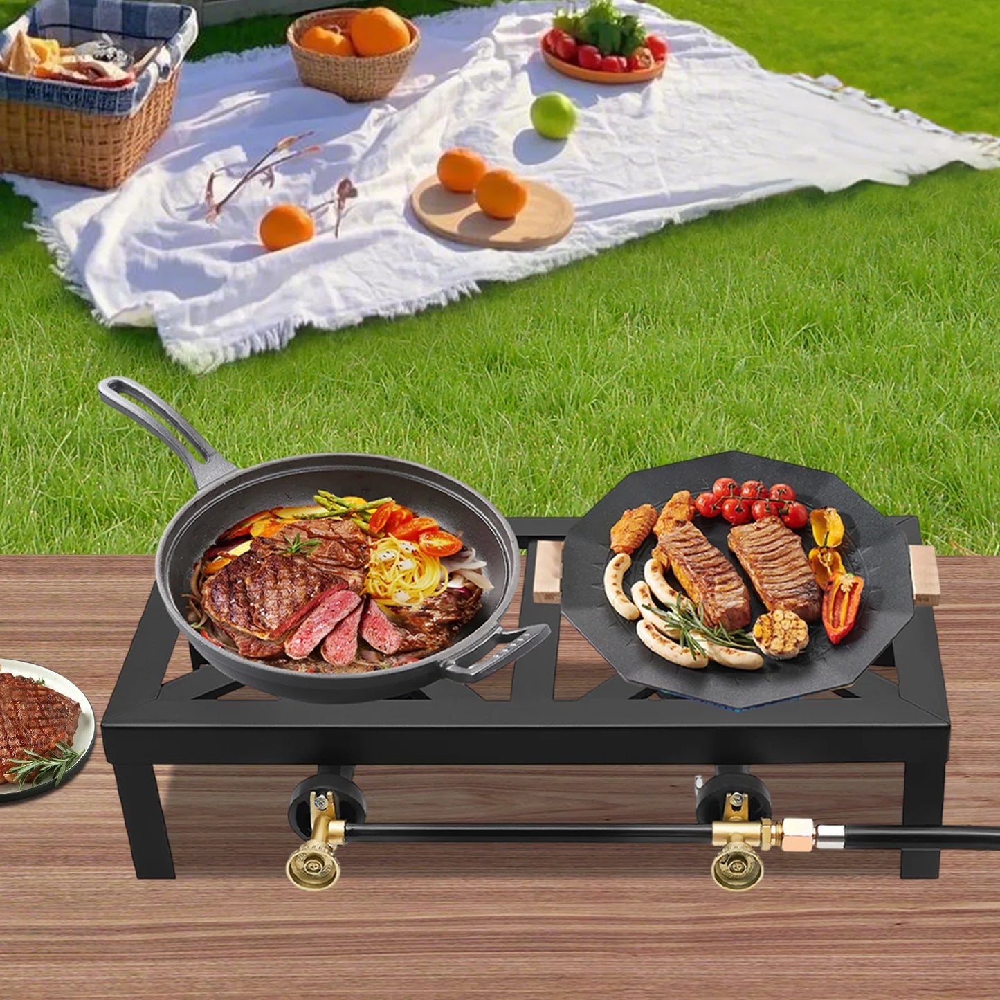 Portable Double Burner Outdoor Gas Stove Propane Cooker with Adjustable 0-10Psi Regulator Hose for Patio Camping, BBQ, Home