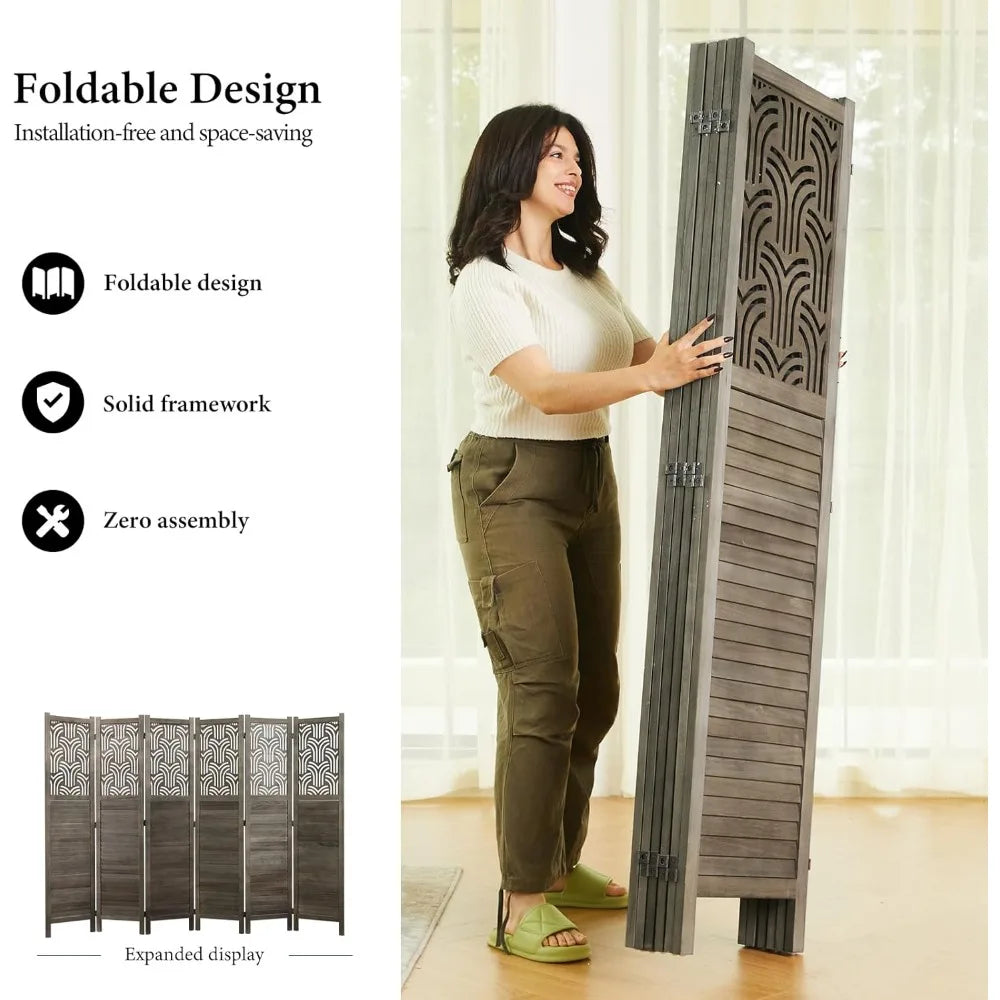 5.6 Ft Room Divider Wood Carved Wall Divider Indoor Folding Portable Partition Screen for Home Office Garden Terrace - 6 Panel