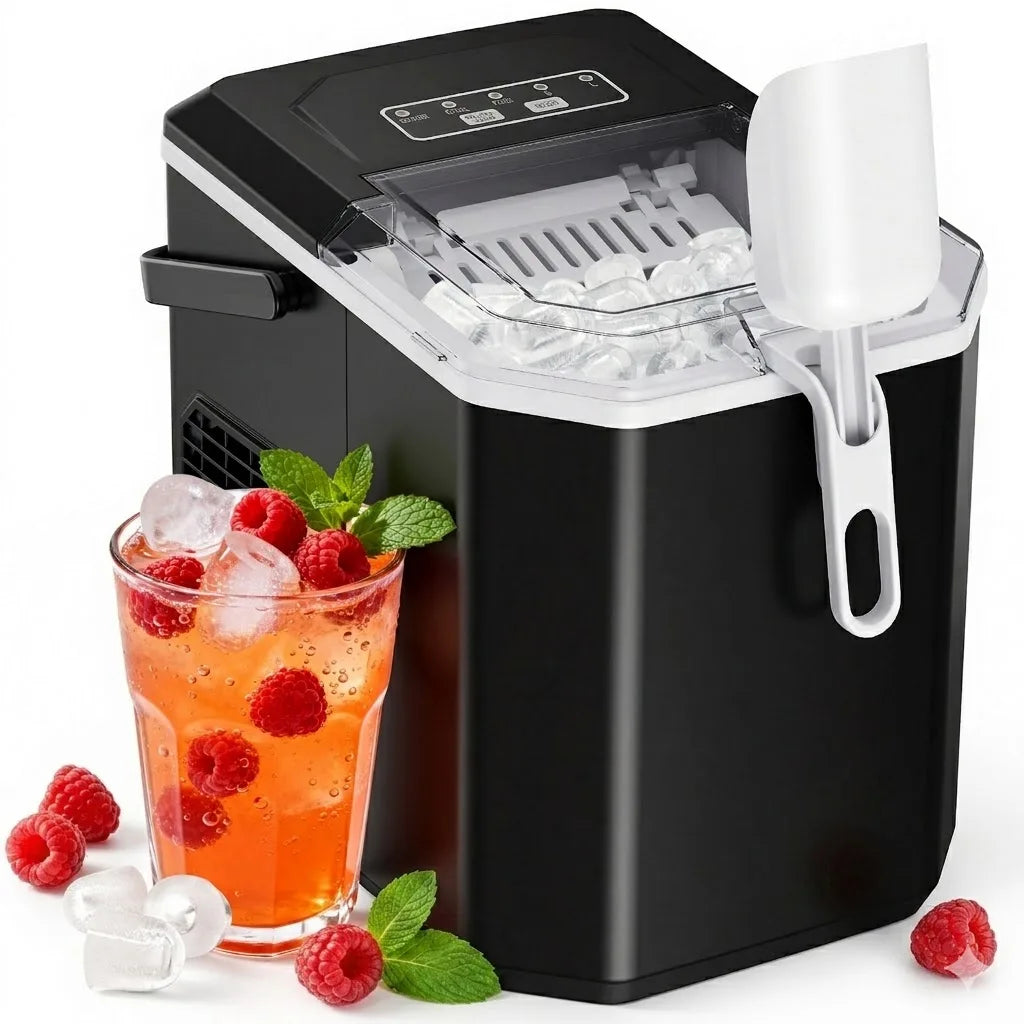 Ice Maker Countertop Machine with Handle, 26lbs in 24h, 9 Ice Cubes Ready in 6 Mins, Self-Cleaning Ice Makers with Basket and Scoop, Ideal for Home, Kitchen, Camping, RV