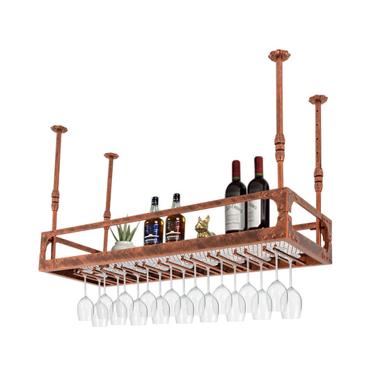 Industrial Vintage Bar Floating Shelf，Ceiling Mount Iron Wine Rack，Glass Hanging Holder Stemware Storage Organizer