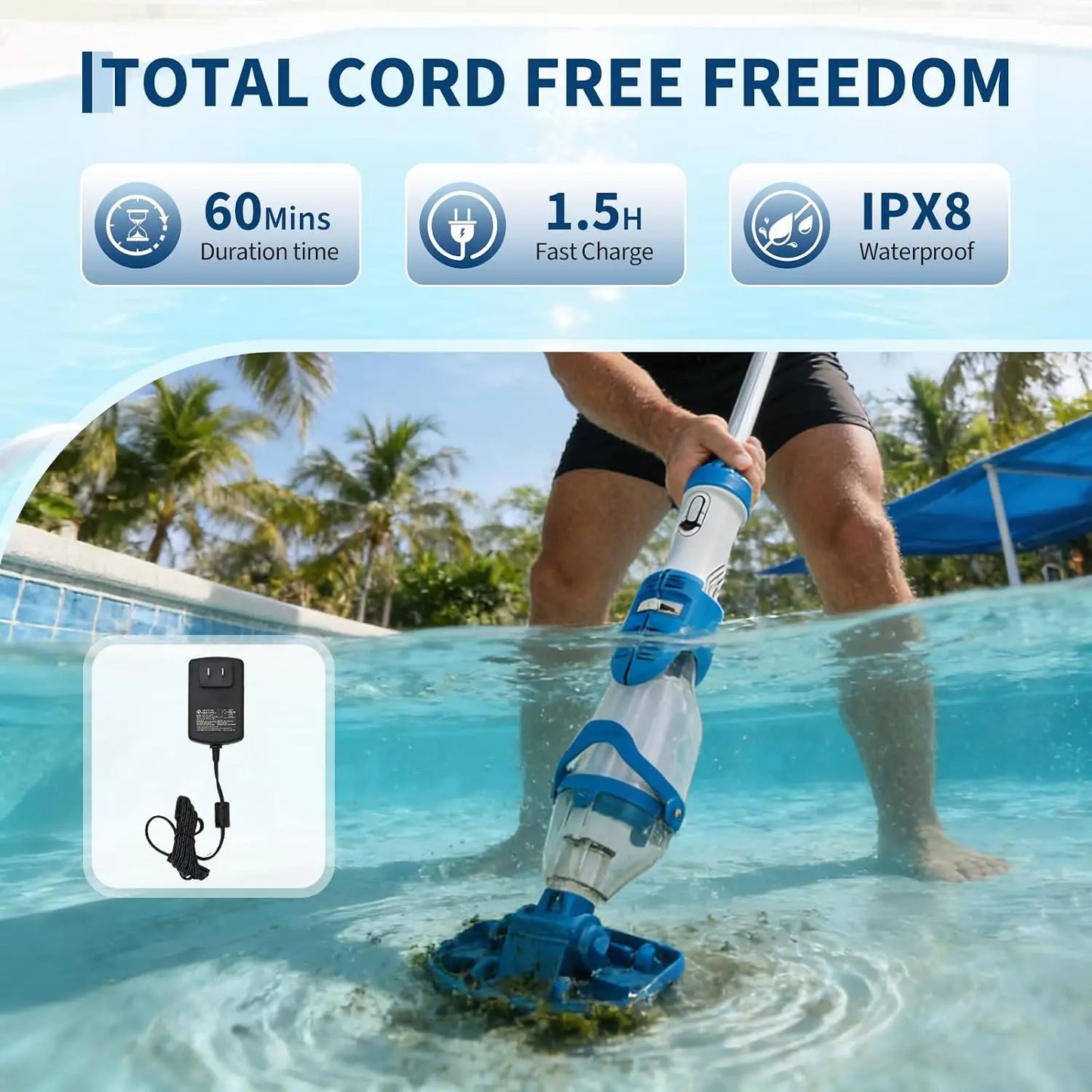 Tacleekii Handheld Pool Vacuum 19.8GPM Rechargeable Cleaner for Hot Tubs Corrosion Resistant Housing Rechargeable Battery IPX8 Waterproof with LED Dual Speed Suction