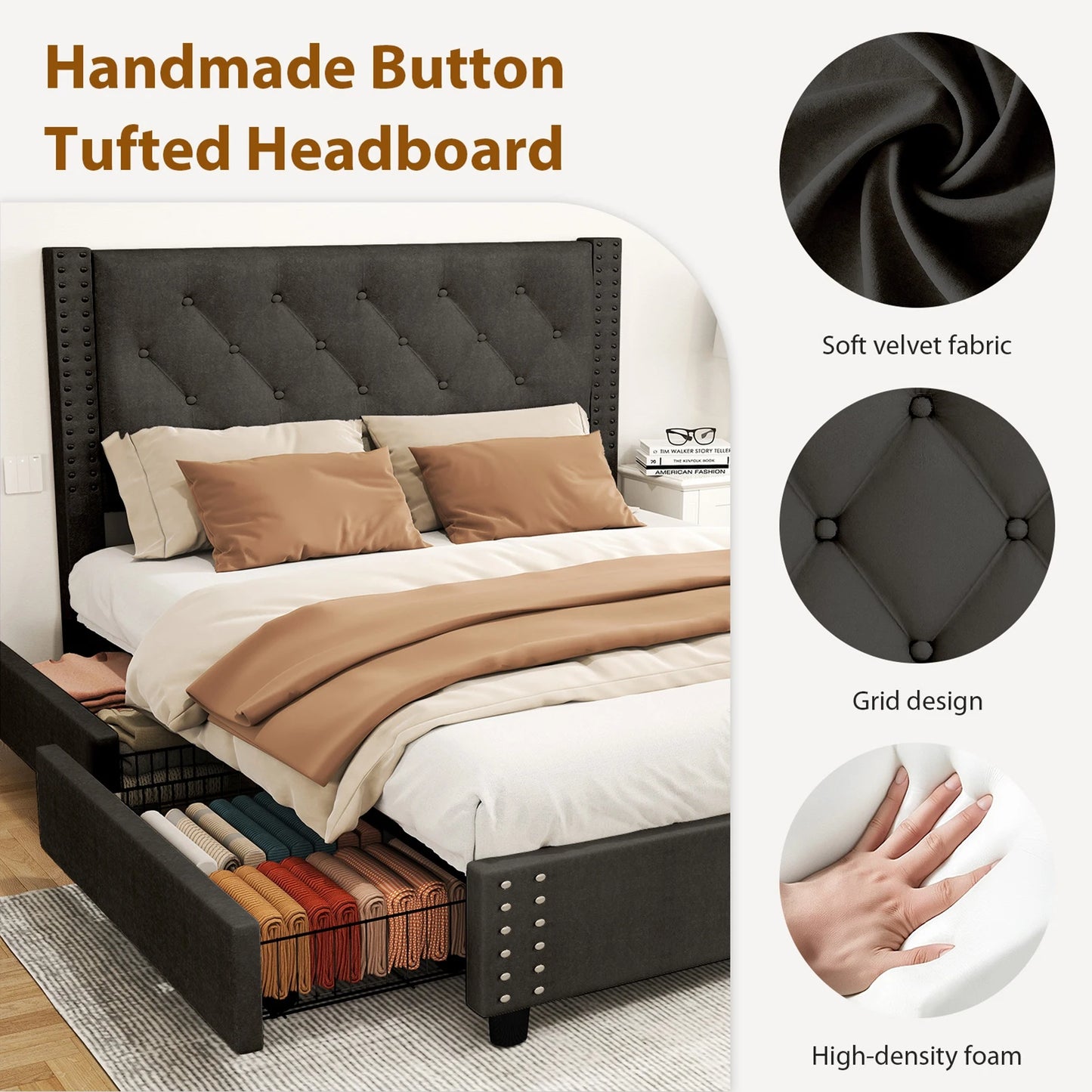 81.50×55.12×48.43inch Full Size Bed Frame w Upholstered Button Tufted Headboard Wood Slat Support Metal Platform Bed Frame