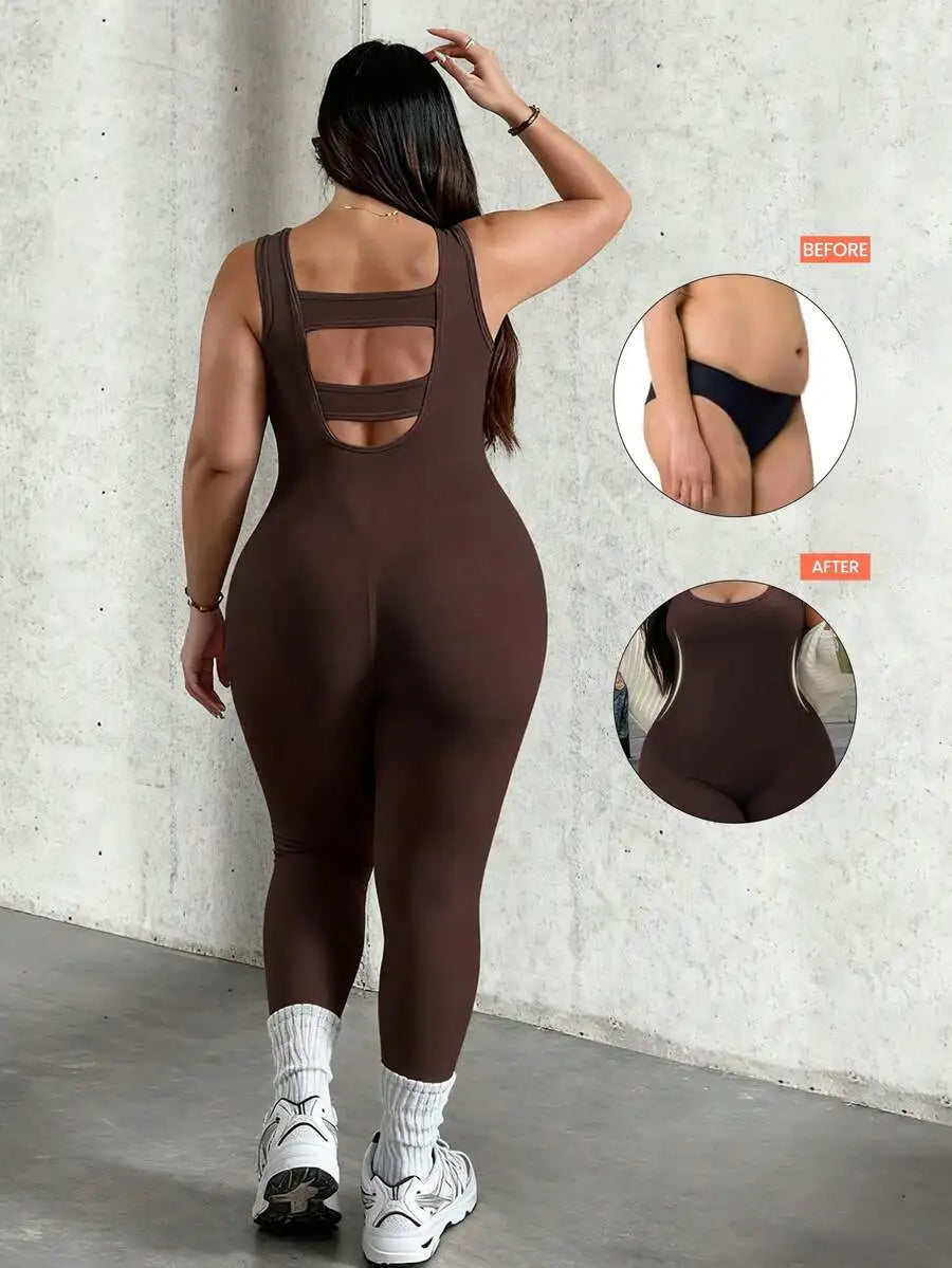 Rhythm Era 1pc Plus Size Black Backless Jumpsuit, Comfortable Stretchy Seamless Knit Yoga & Fitness Activewear
