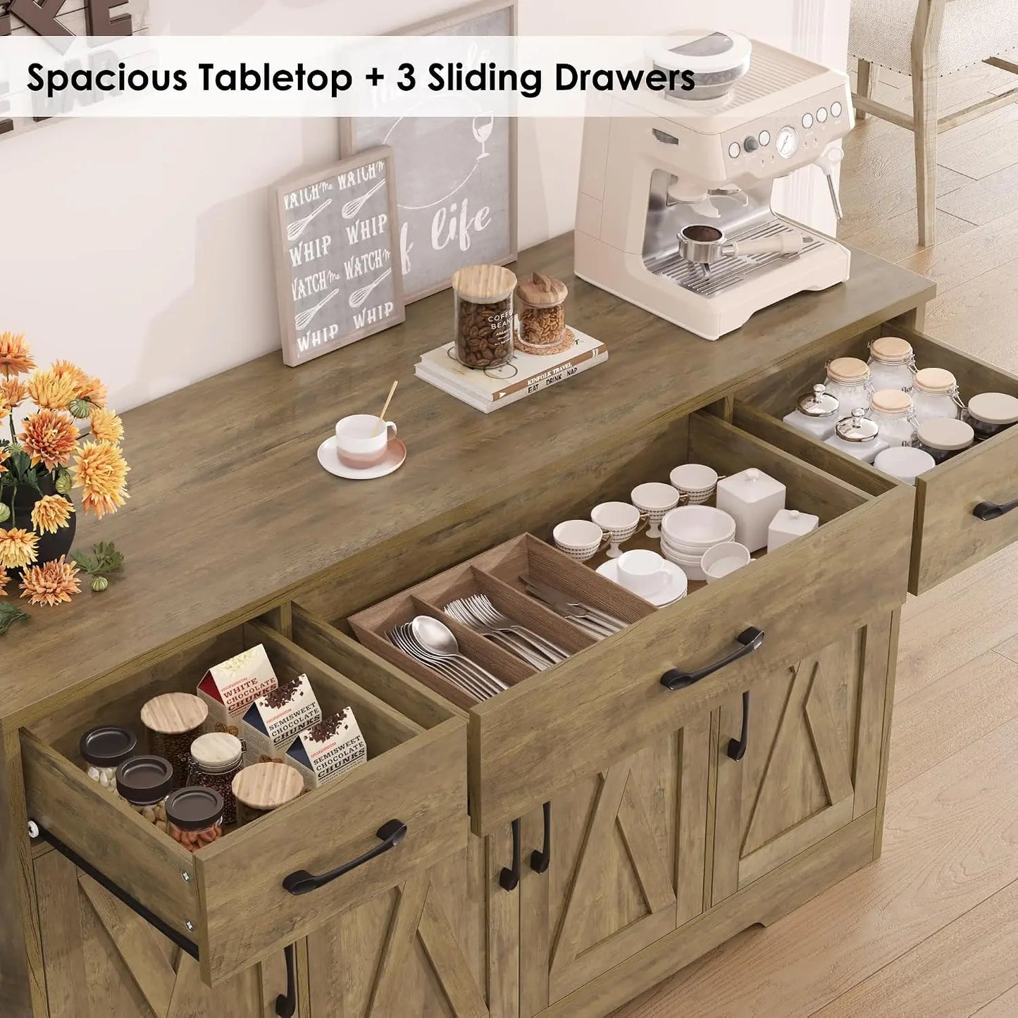 HOSTACK Kitchen Buffet Cabinet with Doors & Drawers, 55"W Farmhouse Sideboard, Adjustable Shelves