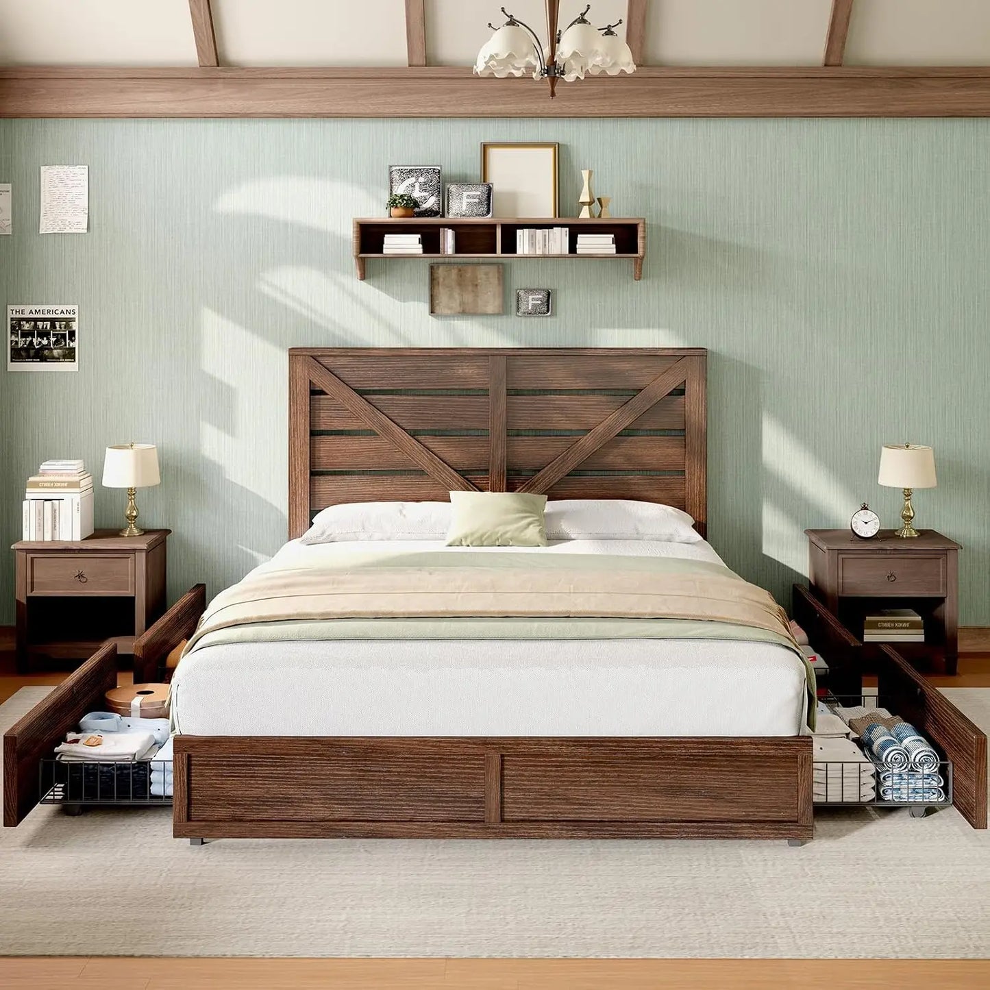Queen Size Farmhouse Bed Frame with 4 Drawers, Wooden Storage Bed Frame with Headboard and Heavy Duty Metal Slats,Custom
