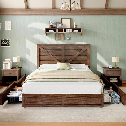 Queen Size Farmhouse Bed Frame with 4 Drawers, Wooden Storage Bed Frame with Headboard and Heavy Duty Metal Slats,Custom